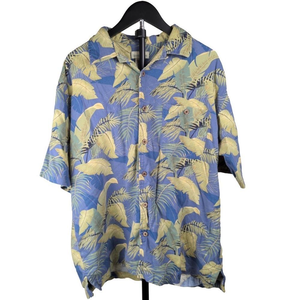 Trader Bay Hawaiian Aloha Shirt Mens Size L Blue Tropical Leaf Print